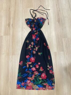 Vintage Y2K Janice black floral maxi dress with beaded halter straps. Size: L